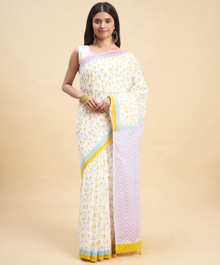 White yellow hand block sanganeri printed cotton saree