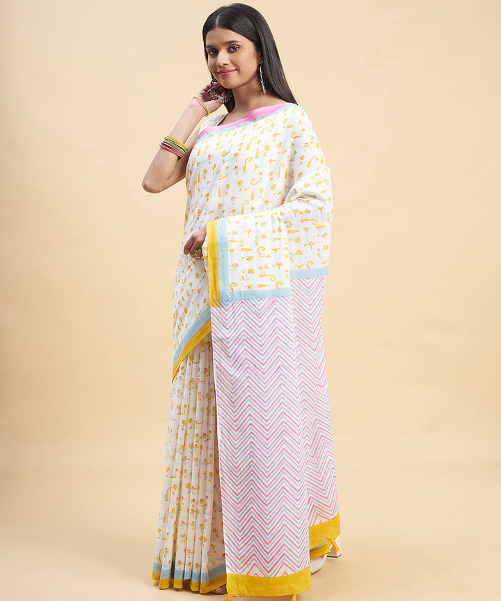 White yellow hand block sanganeri printed cotton saree