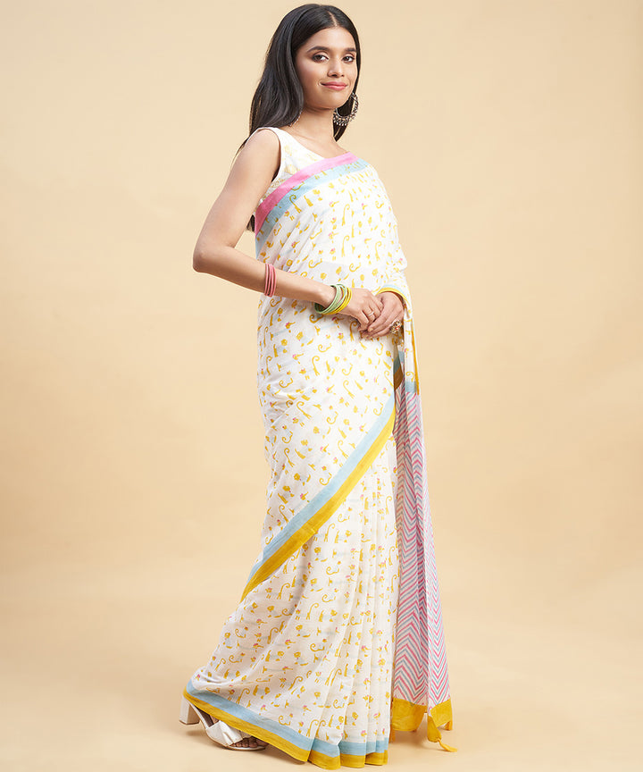 White yellow hand block sanganeri printed cotton saree