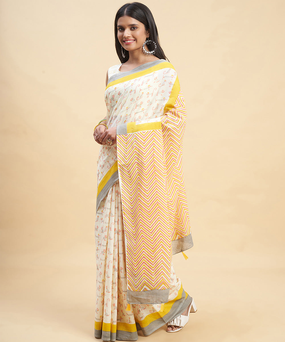 Pink - Modal Silk Hand Block Sanganeri Print Saree 03