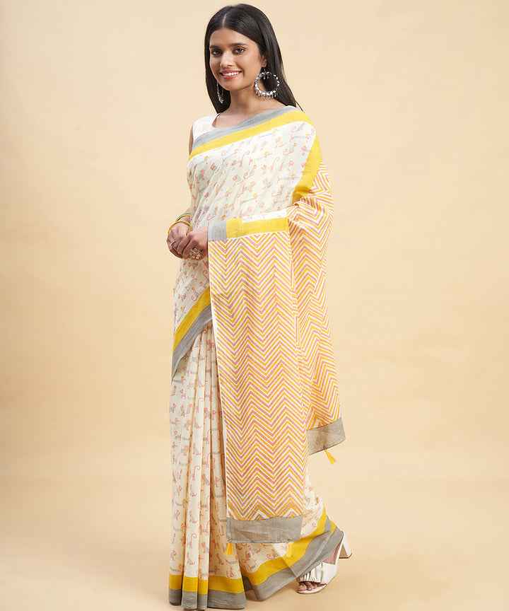 White grey cotton hand block sanganeri printed saree