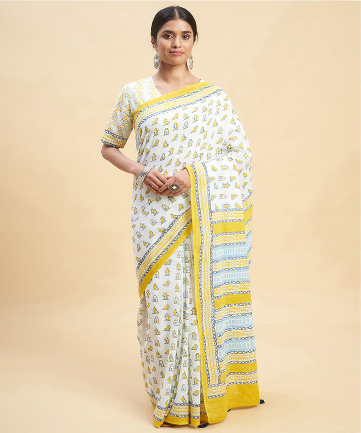 White yellow cotton hand block sanganeri printed saree