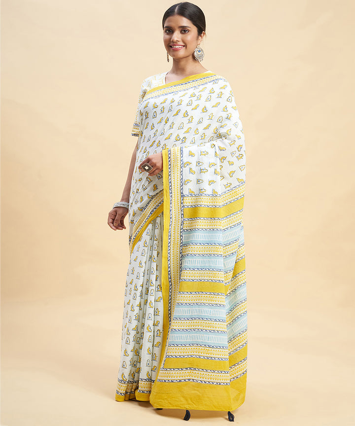 White yellow cotton hand block sanganeri printed saree