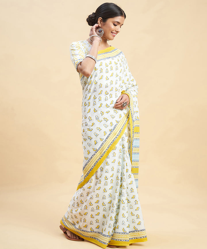 White yellow cotton hand block sanganeri printed saree