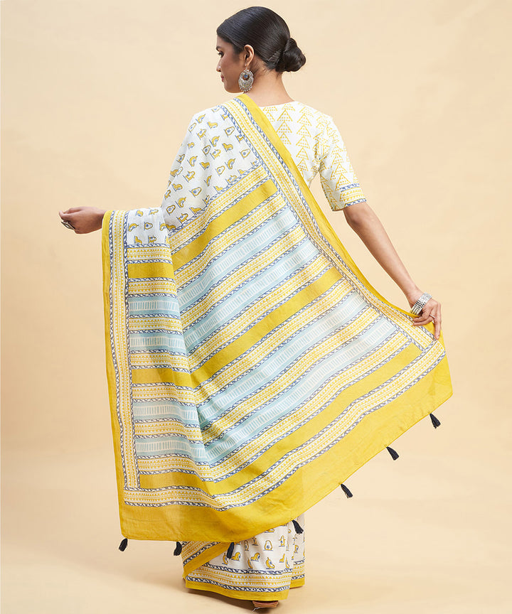 White yellow cotton hand block sanganeri printed saree