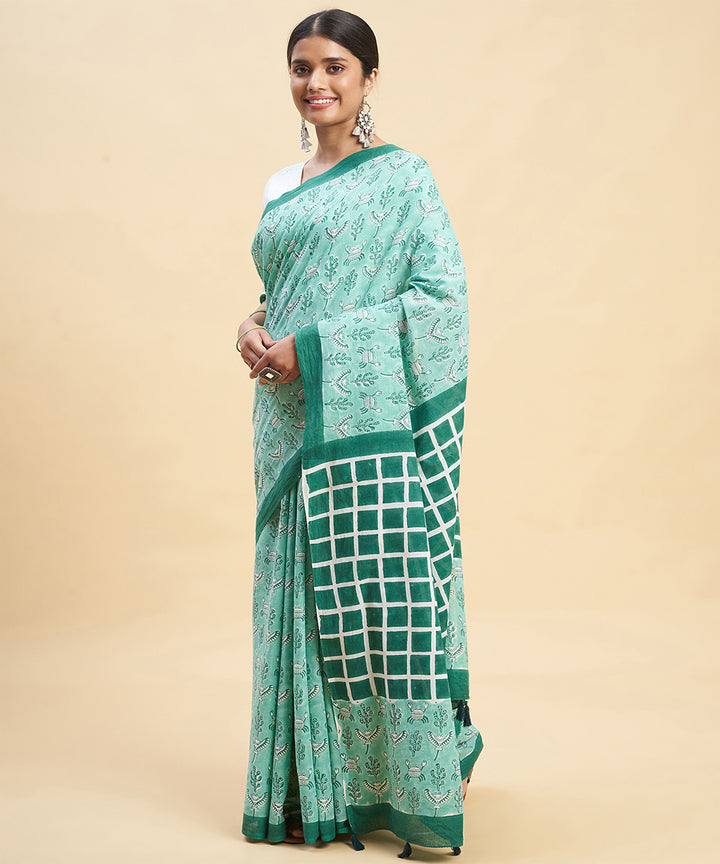 Cyan green dark green cotton hand block sanganeri printed saree