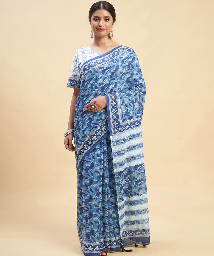 Sky blue indigo cotton hand block sanganeri printed saree