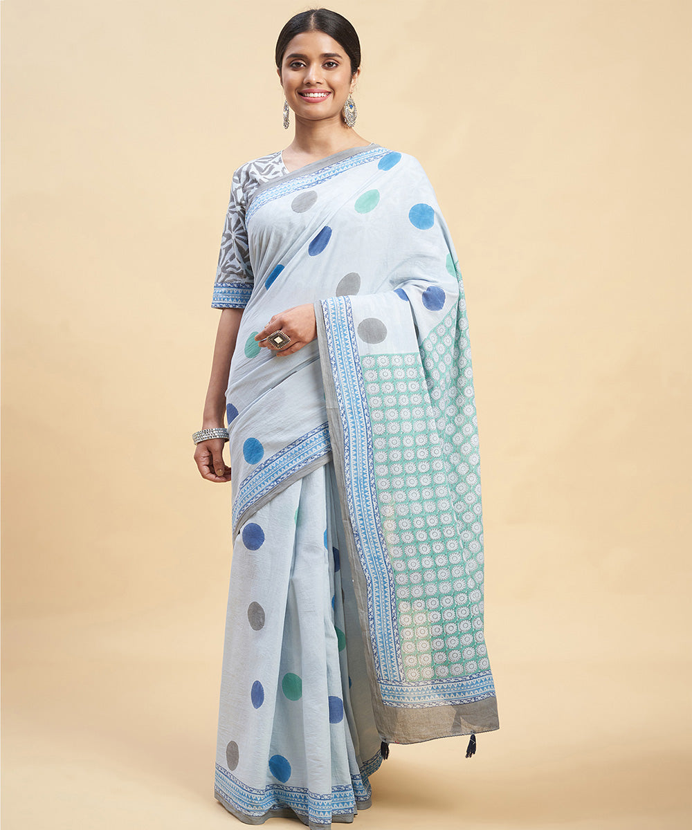 Cyan blue sky blue cotton hand block sanganeri printed saree