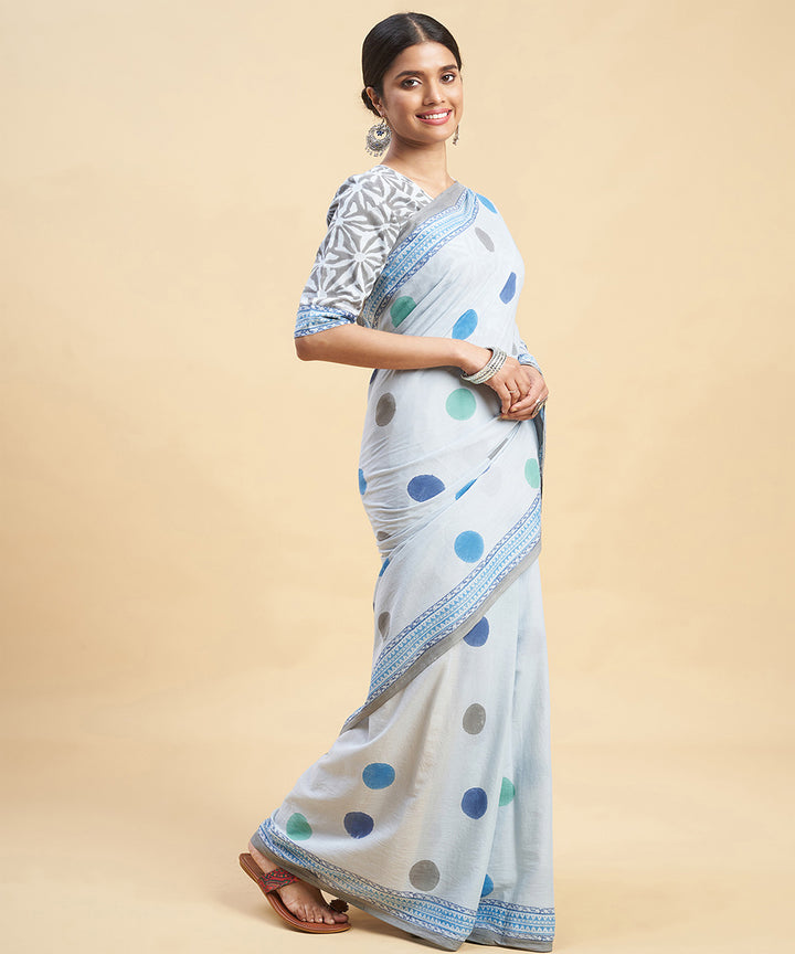 Cyan blue sky blue cotton hand block sanganeri printed saree