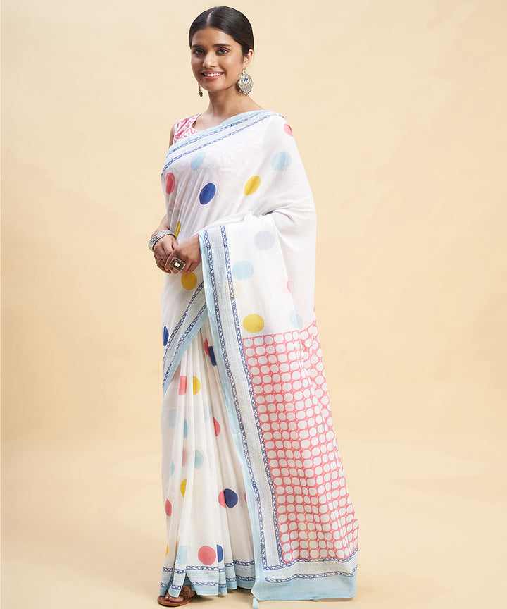 White multicolor cotton hand block sanganeri printed saree