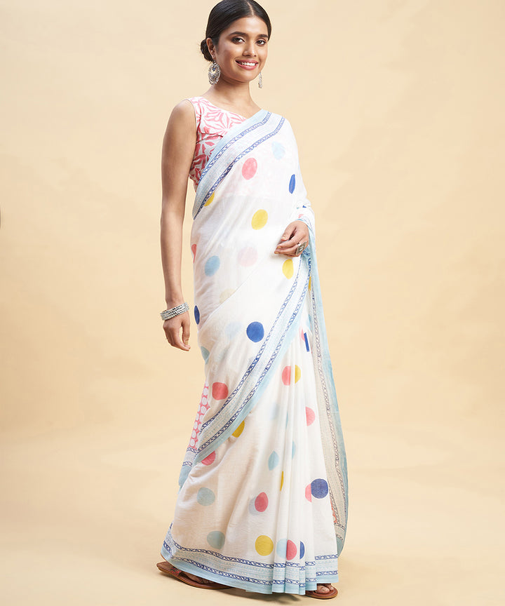 White multicolor cotton hand block sanganeri printed saree