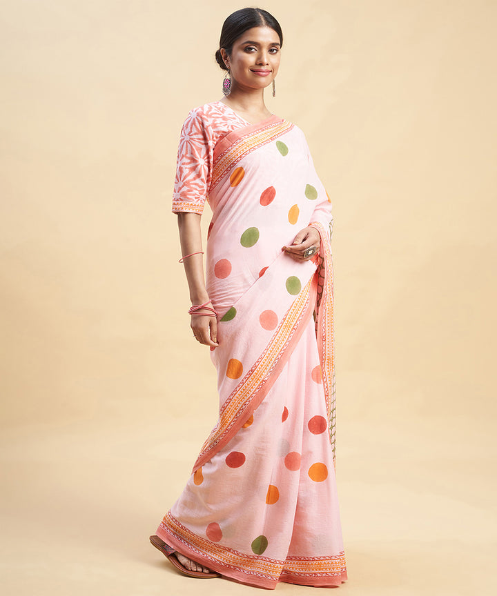 Pink multicolor cotton hand block sanganeri printed saree