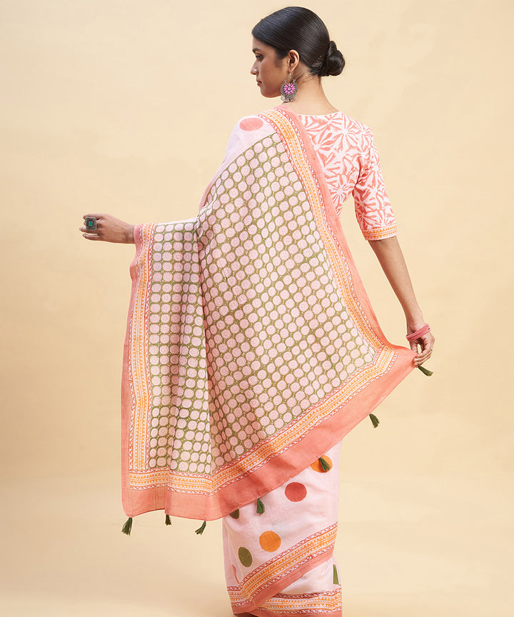 Pink multicolor cotton hand block sanganeri printed saree