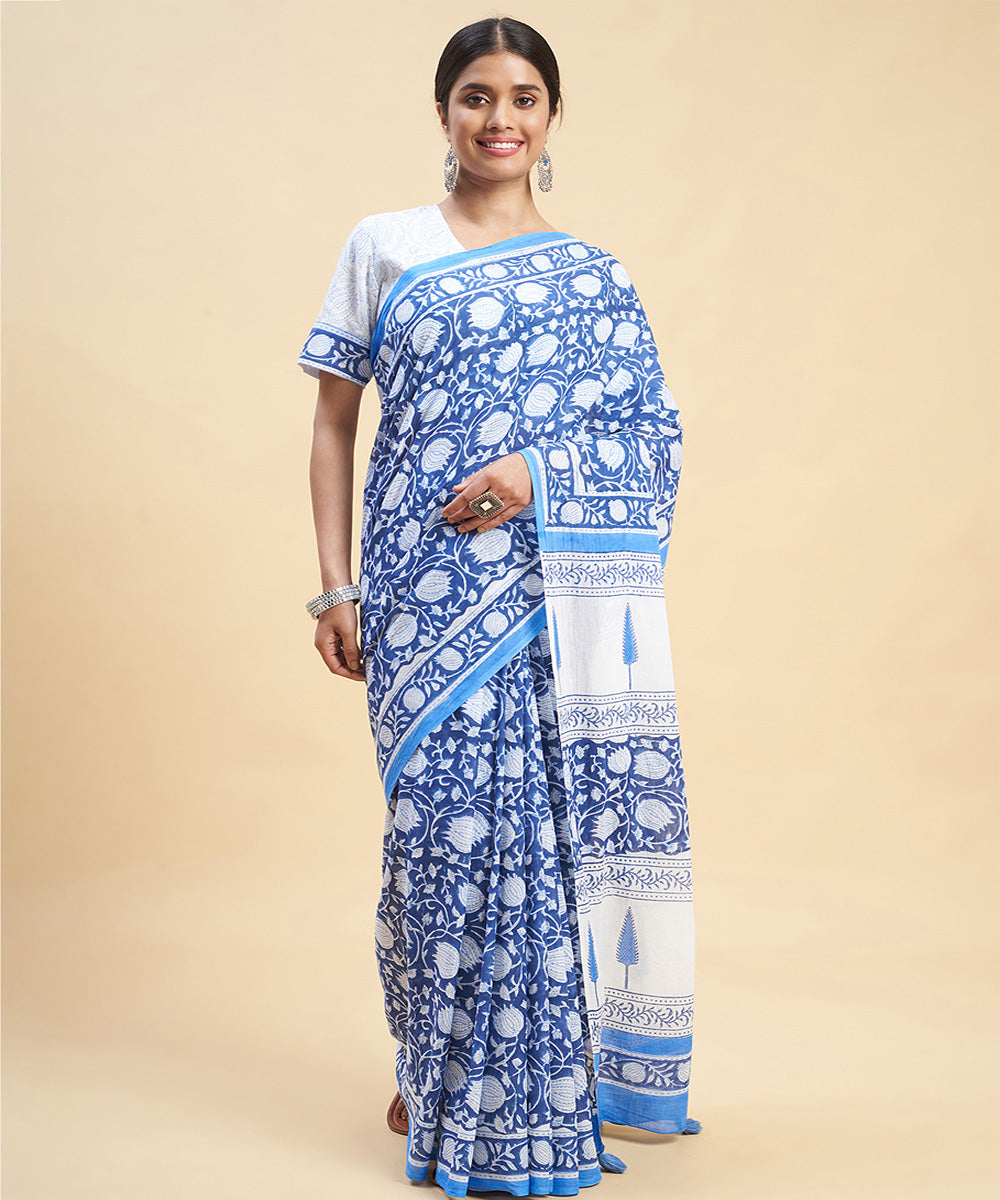 Navy blue white cotton hand block sanganeri printed saree