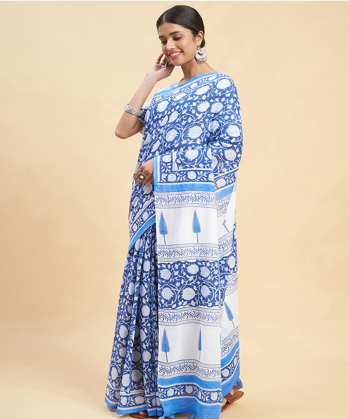 Navy blue white cotton hand block sanganeri printed saree