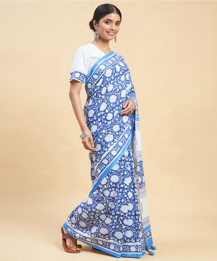 Navy blue white cotton hand block sanganeri printed saree
