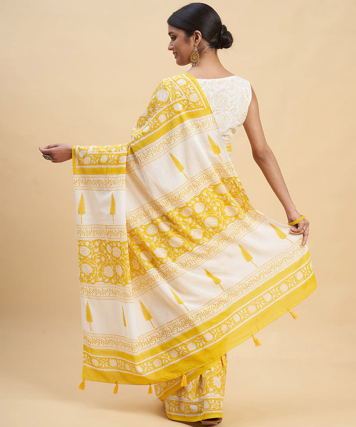 Yellow white cotton hand block sanganeri printed saree