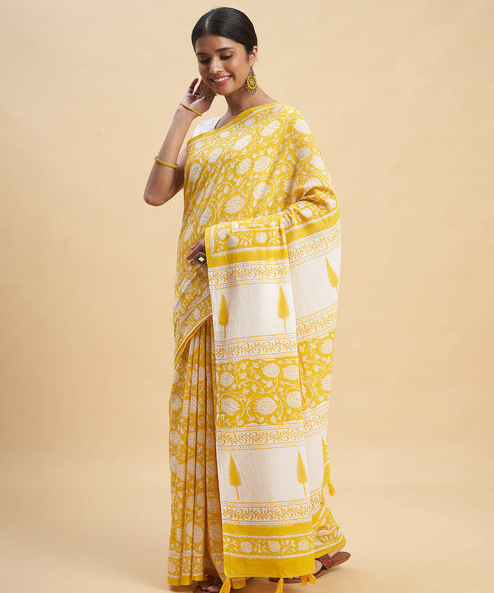 Yellow white cotton hand block sanganeri printed saree