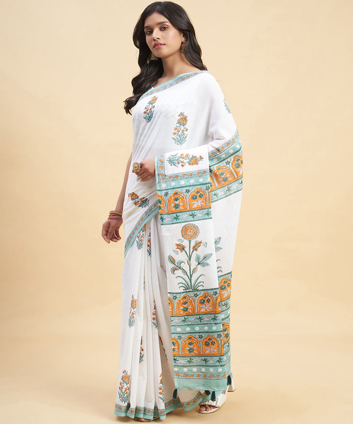 White orange cotton hand block sanganeri printed saree