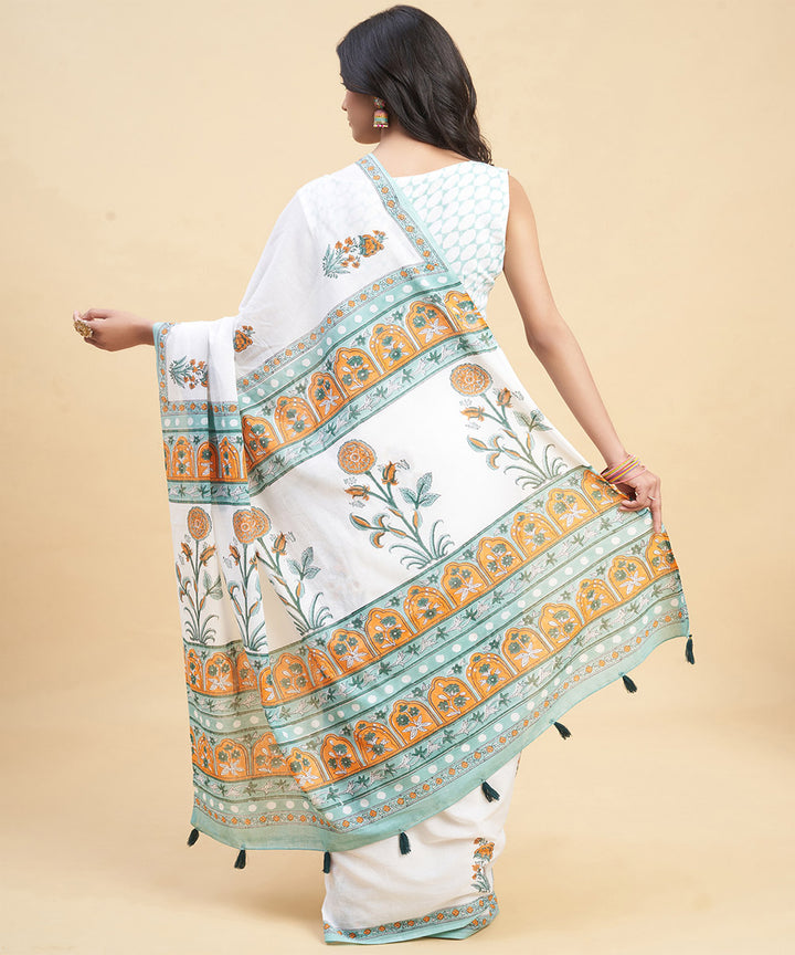 White orange cotton hand block sanganeri printed saree