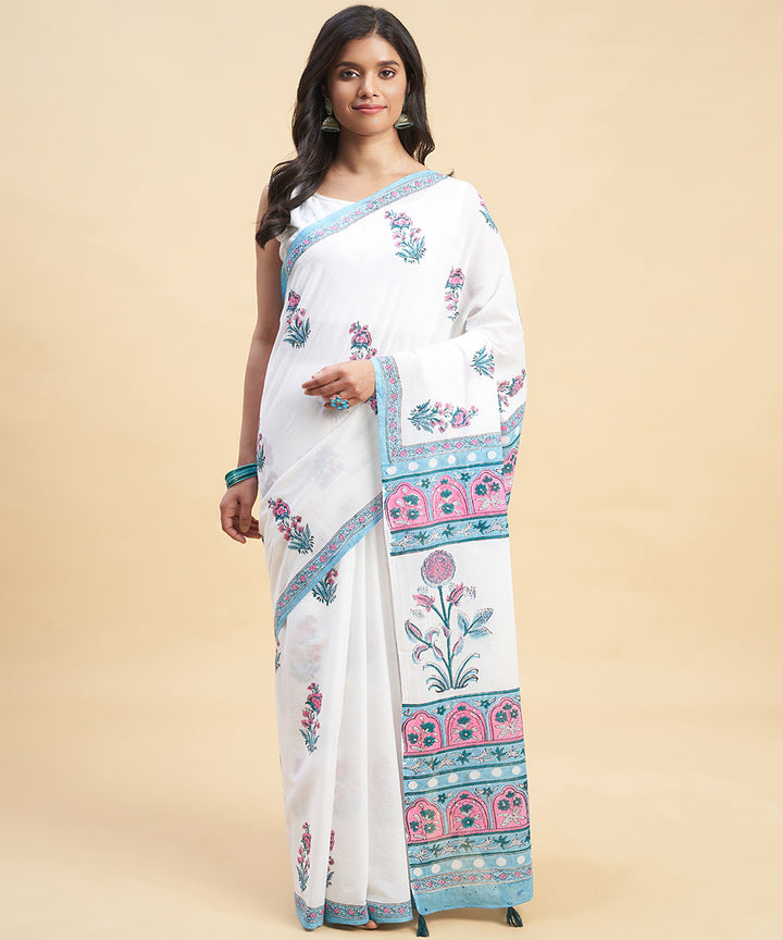 White pink cotton hand block sanganeri printed saree
