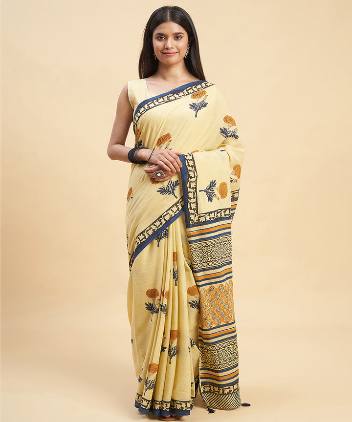 Beige navy blue cotton hand block sanganeri printed saree
