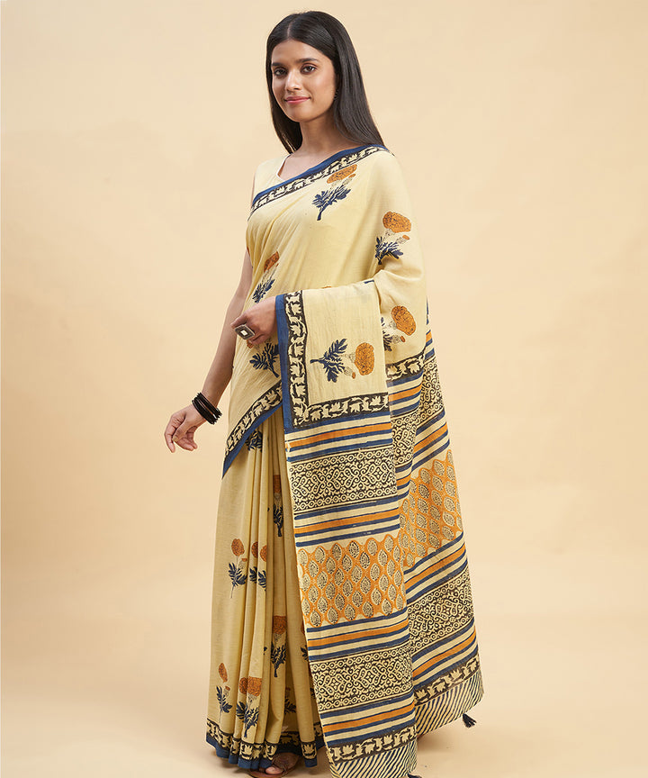 Beige navy blue cotton hand block sanganeri printed saree