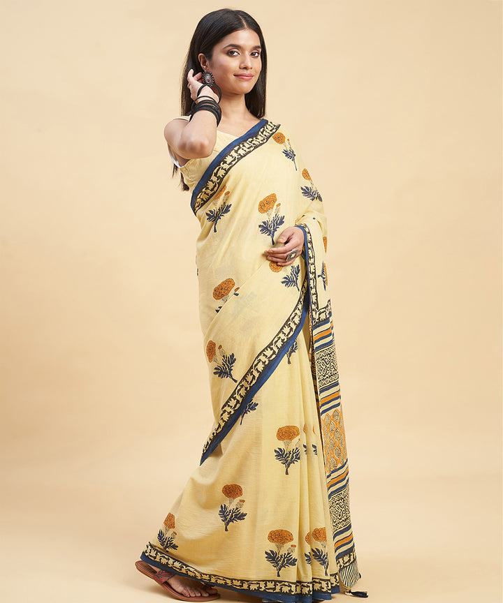 Beige navy blue cotton hand block sanganeri printed saree
