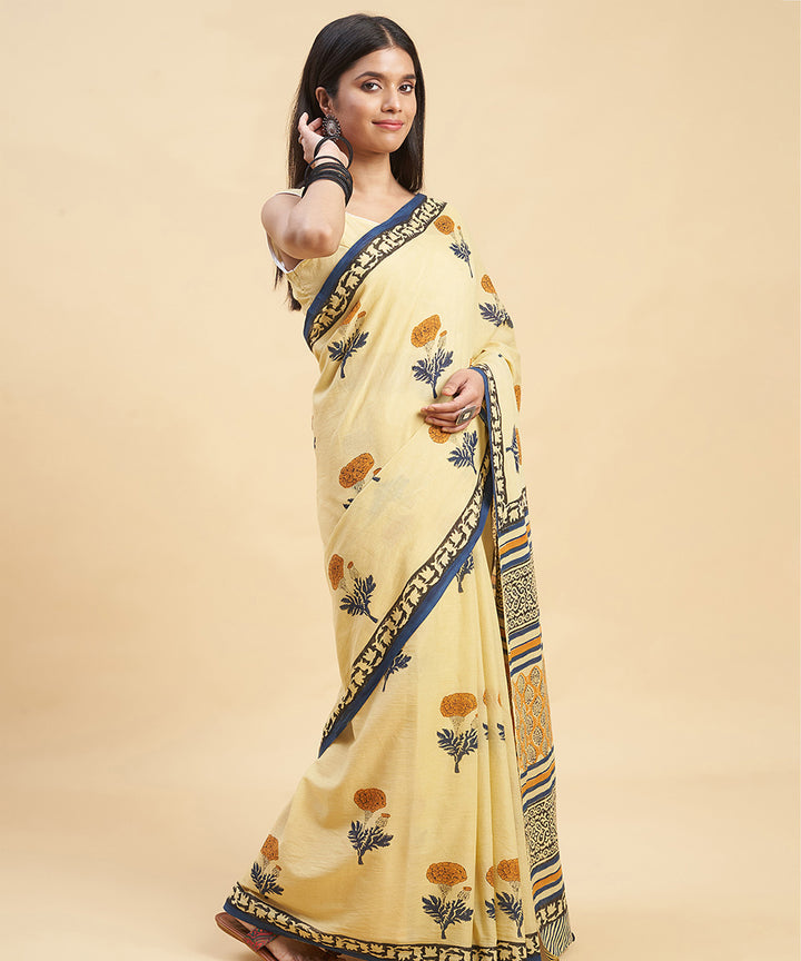 Beige navy blue cotton hand block sanganeri printed saree