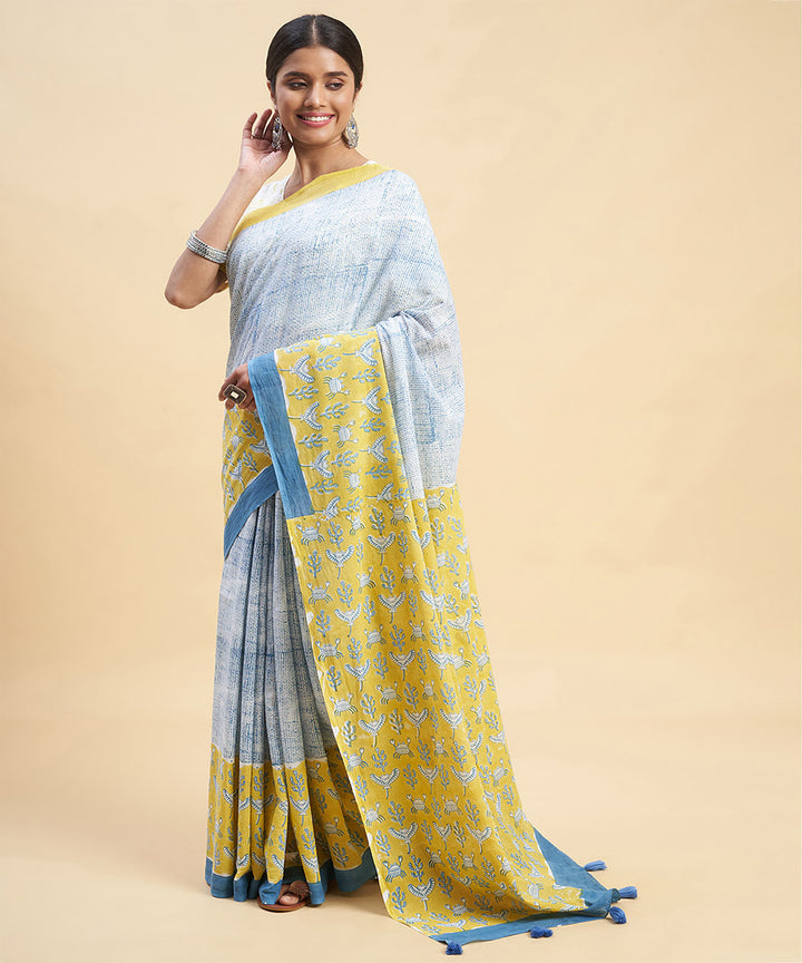 Sky blue mustard cotton hand block sanganeri printed saree