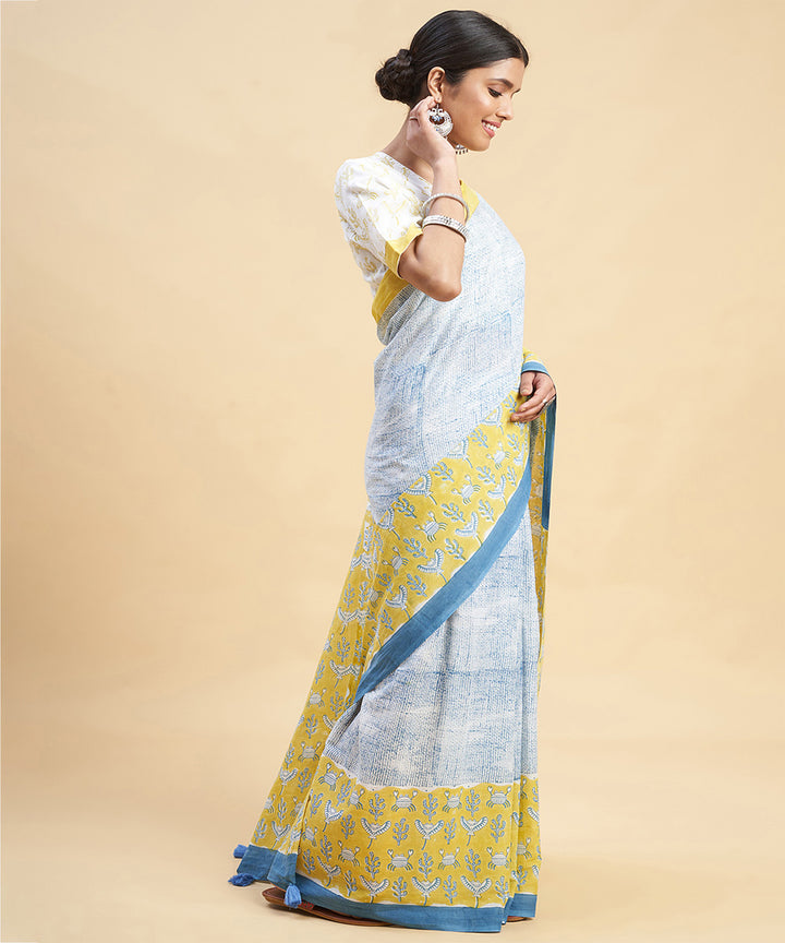 Sky blue mustard cotton hand block sanganeri printed saree