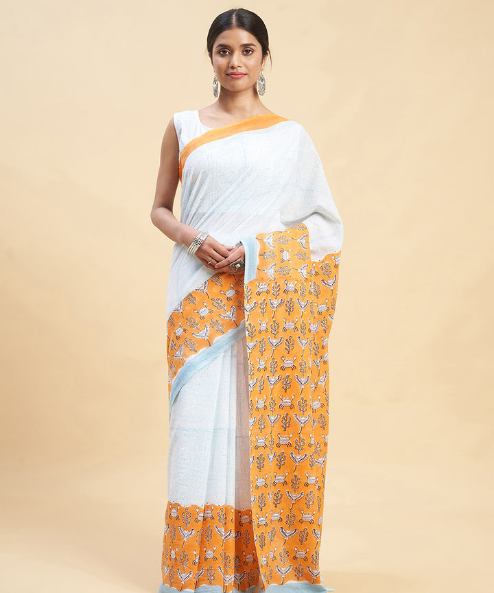 Sky blue orange cotton hand block sanganeri printed saree