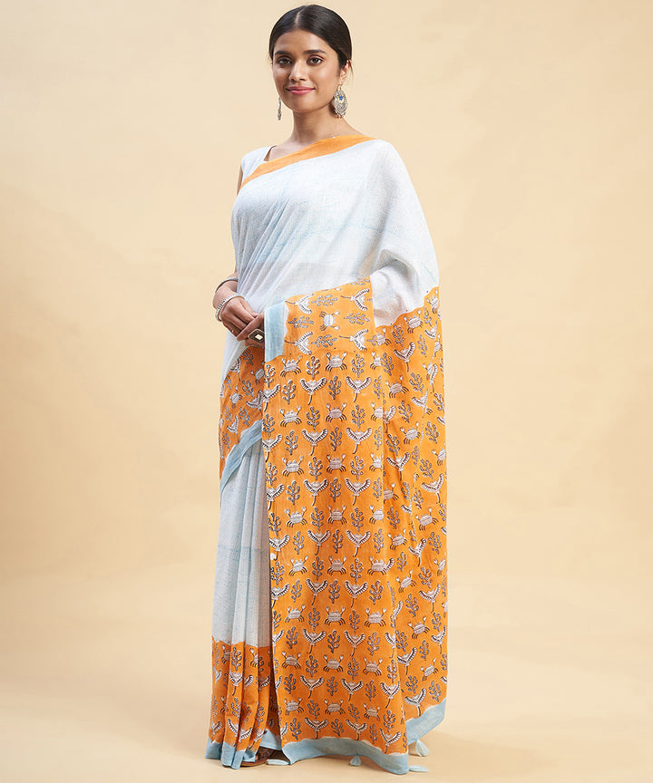 Sky blue orange cotton hand block sanganeri printed saree