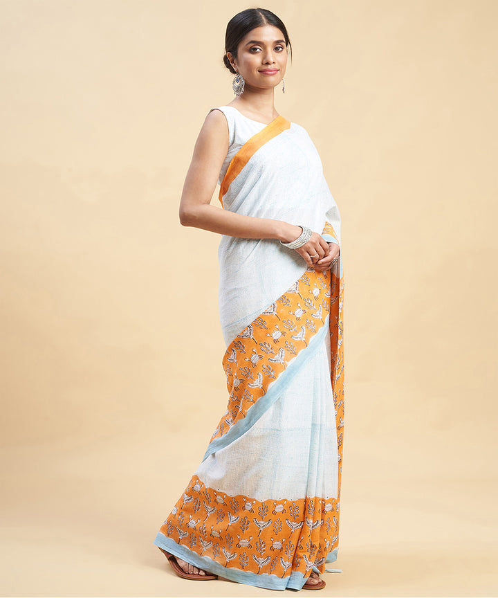 Sky blue orange cotton hand block sanganeri printed saree