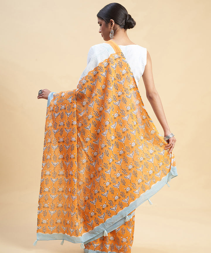 Sky blue orange cotton hand block sanganeri printed saree