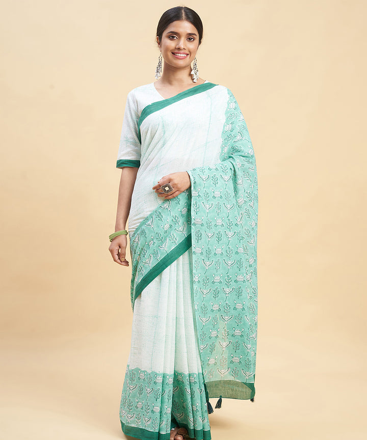 Sky blue dark green cotton hand block sanganeri printed saree