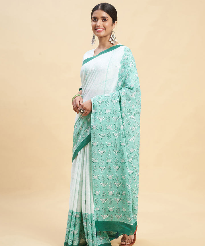 Sky blue dark green cotton hand block sanganeri printed saree