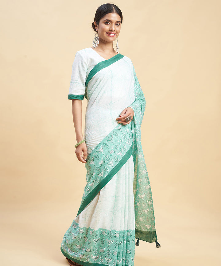 Sky blue dark green cotton hand block sanganeri printed saree