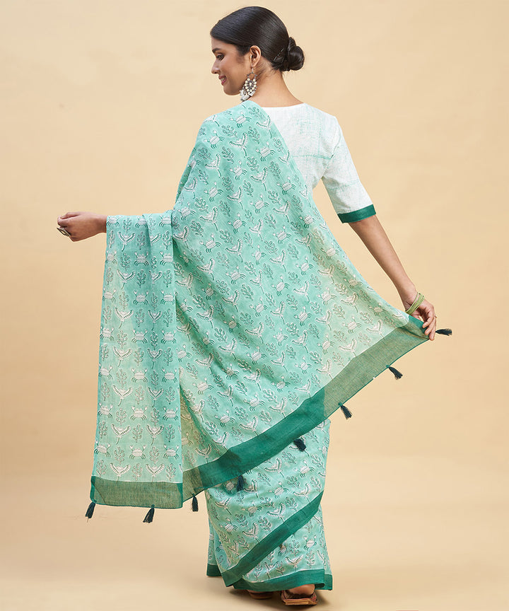 Sky blue dark green cotton hand block sanganeri printed saree