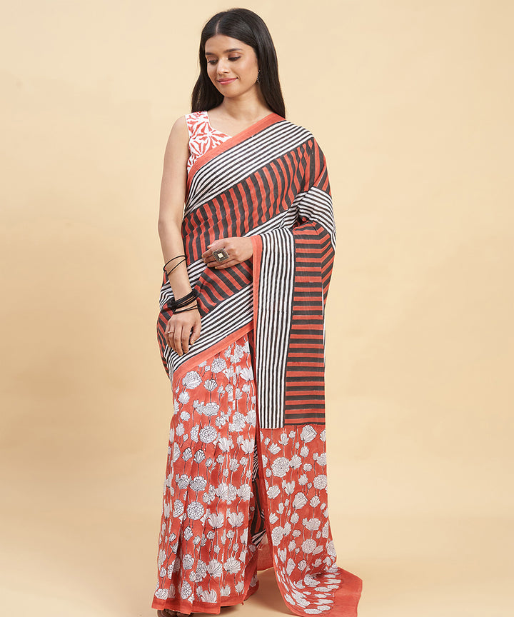 Red black cotton hand block sanganeri printed saree