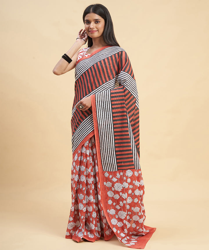 Red black cotton hand block sanganeri printed saree