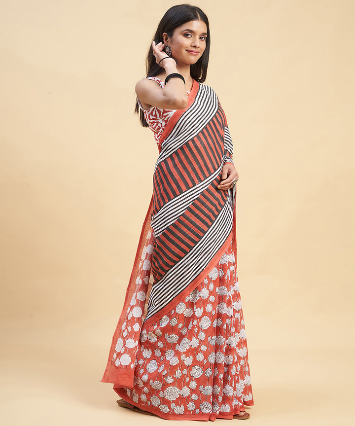 Red black cotton hand block sanganeri printed saree