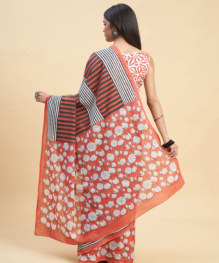 Red black cotton hand block sanganeri printed saree