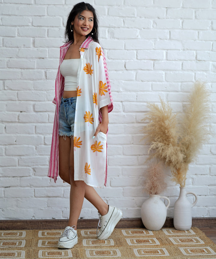 Peach floral handblock printed modal oversize shirt