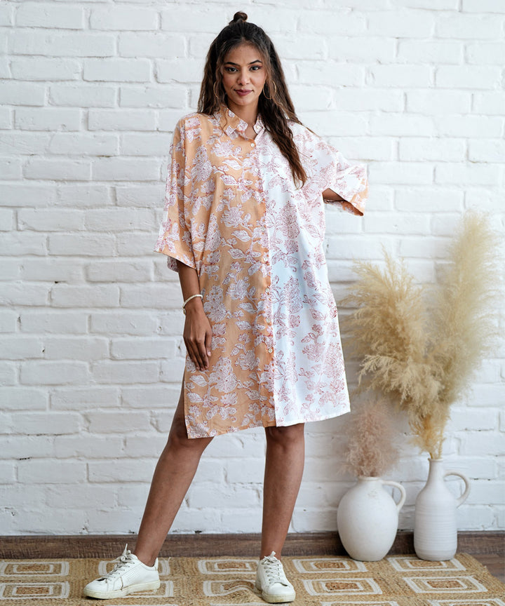 Peach floral handblock printed modal oversize shirt