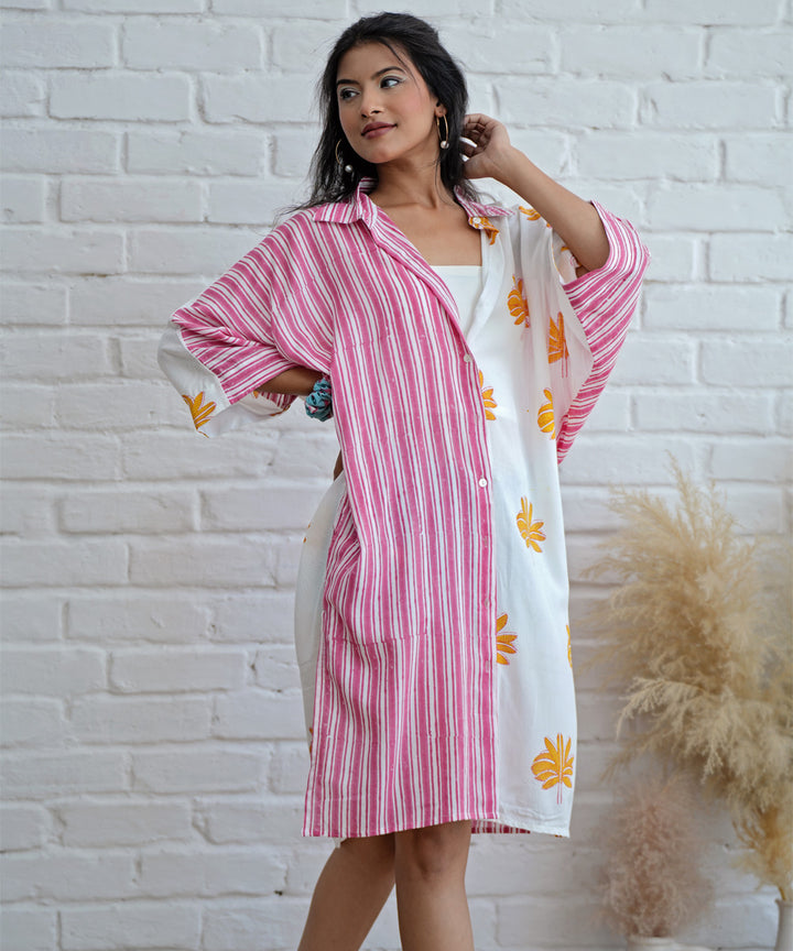 White pink stripes handblock printed modal oversize shirt