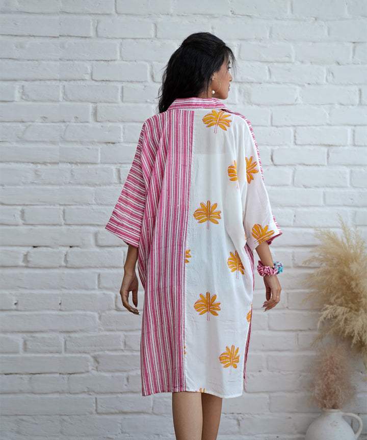 White pink stripes handblock printed modal oversize shirt