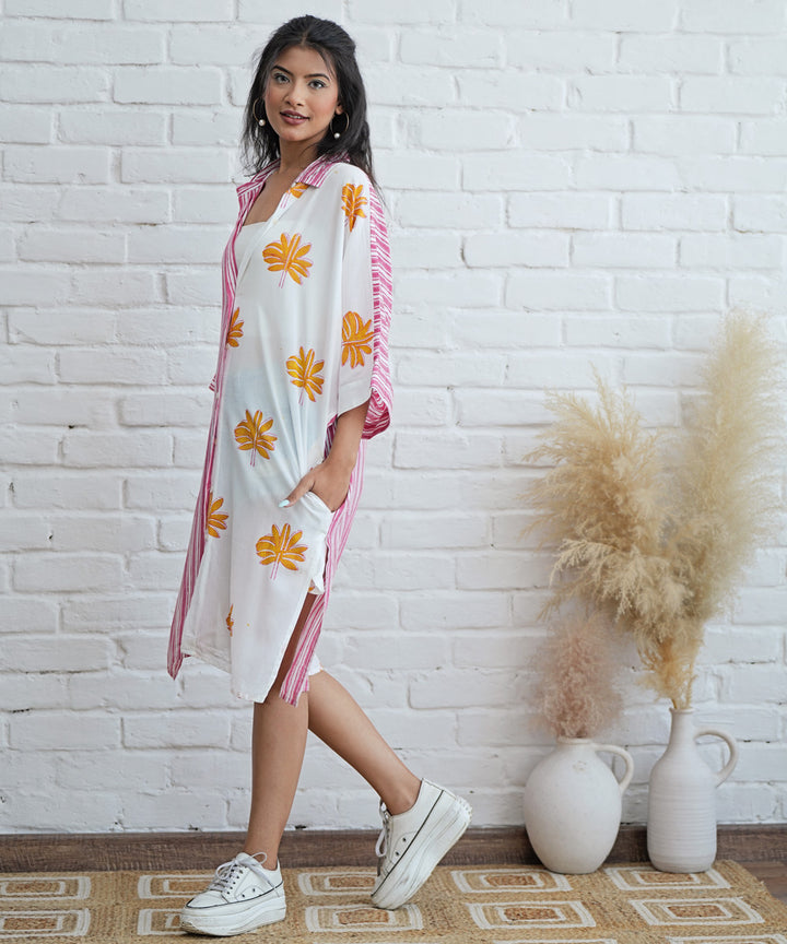 White pink stripes handblock printed modal oversize shirt