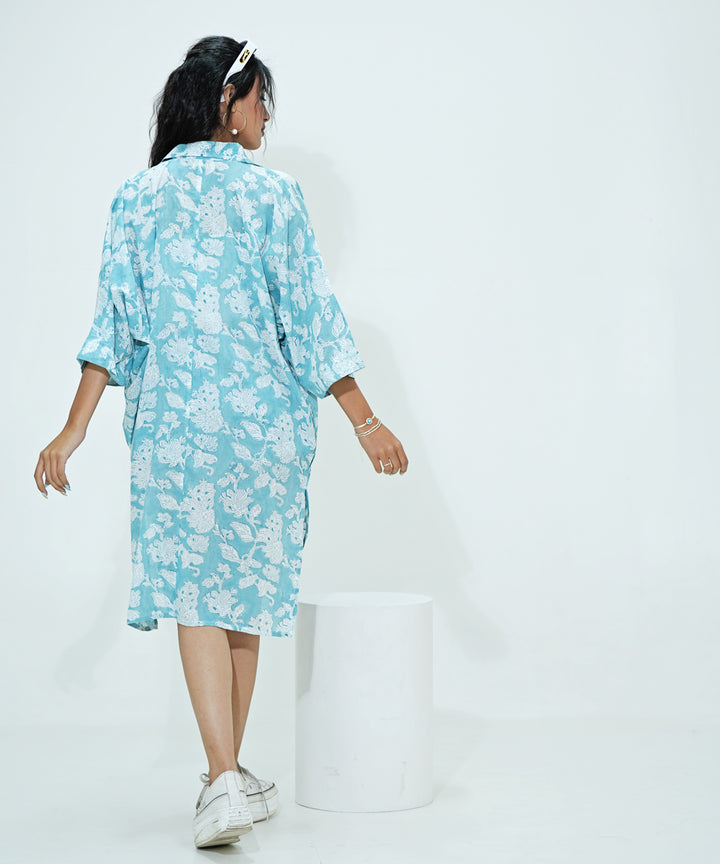 White blue floral hand block print modal oversize shirt