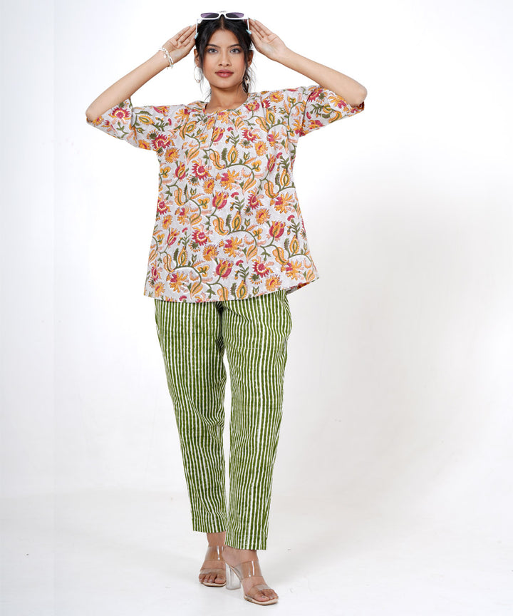 Multicolor floral handblock printed cotton top